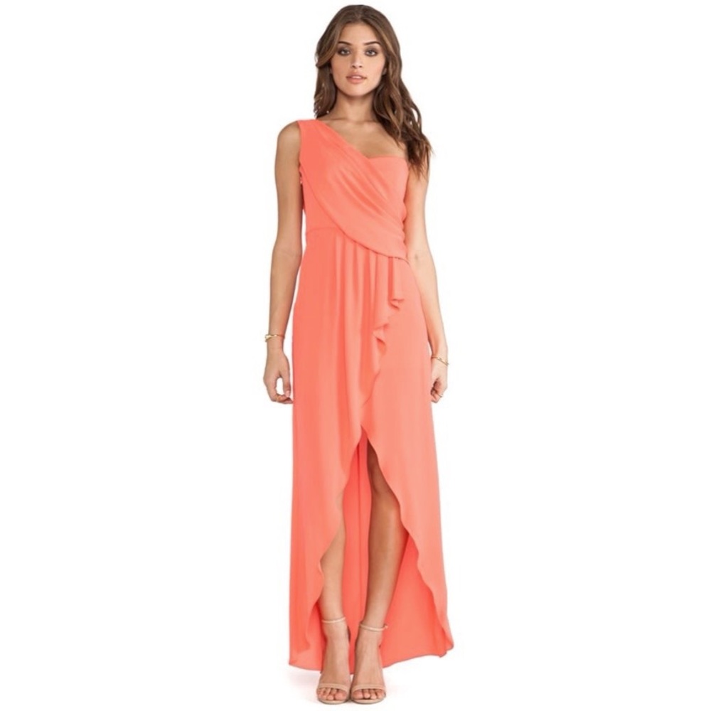 BCBGMAXAZRIA Coral Draped One Shoulder Formal Dress